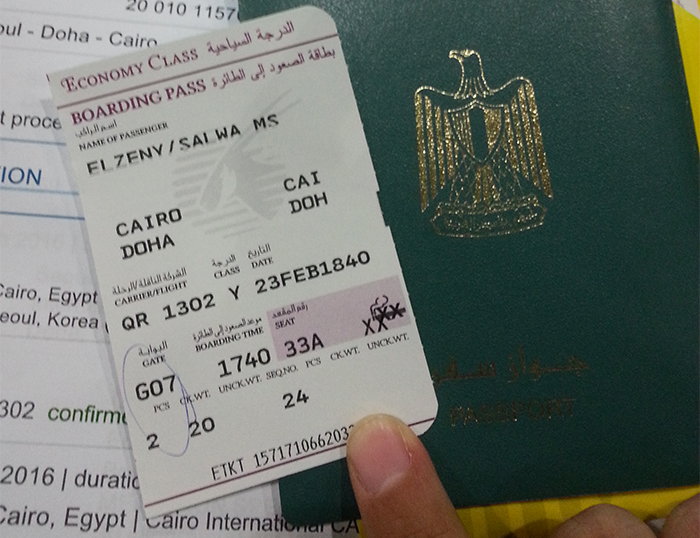 Waiting for the airplane at the Cairo International Airport.