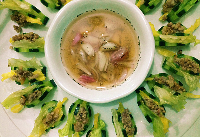My version of <i>oiseon</i>, a Korean royal palace dish made of cucumbers stuffed with meat, some vegetables, garnished with egg strips and a sweet vinegar dressing.