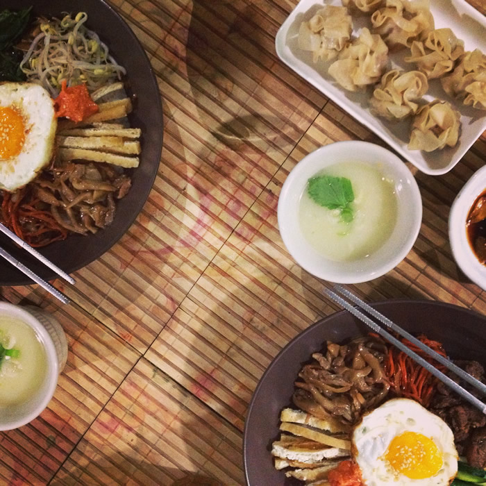 Bibimbap can be paired with creamy mushroom soup and some steam-cooked pork Asian dumplings.