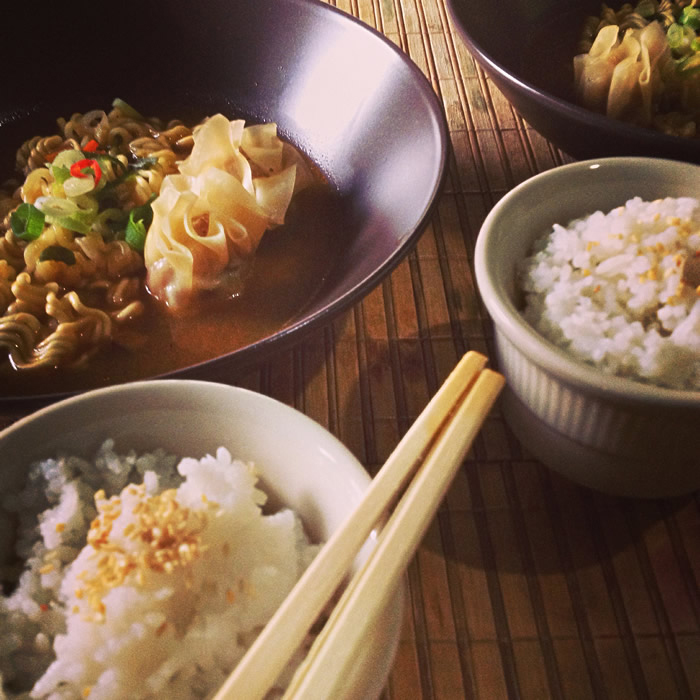 <i>Ramyeon</i> instant noodles are delicious with some pork Asian dumplings.