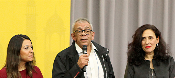 Egyptian film director Yousry Nasrallah speaks during the opening ceremony of the sixth Arab Film Festival, at the Arthouse Momo theater at Ewha Womans University in Seoul on June 1. From left: Jordanian producer Nadia Eliewat, director Nasrallah and Lebanese actress Julia Kassar.