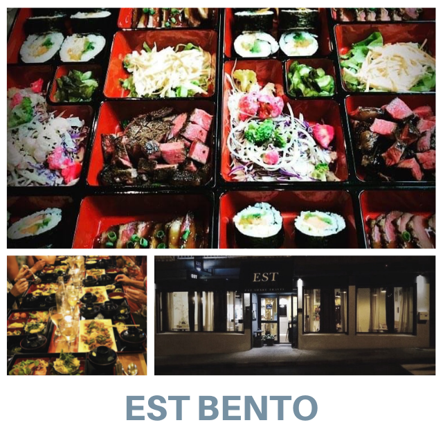 Bento boxes in EST Bento (top and bottom left) and EST Bento exterior facade (bottom right).