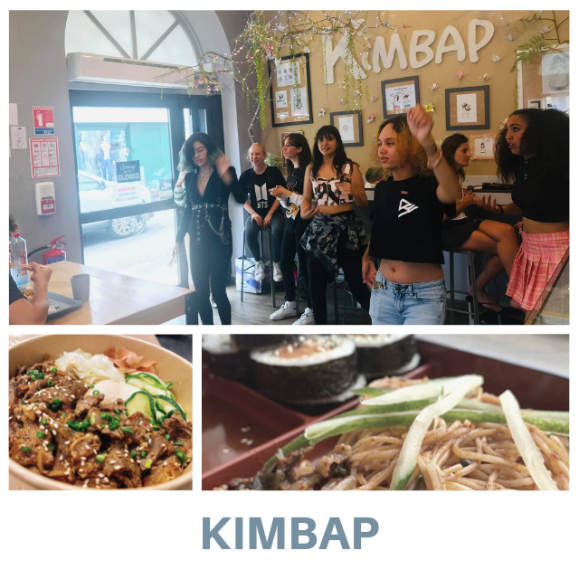 Young adults dancing to KPOP in Kimbap (top) and some of the foods available in their menu (bottom left and right).