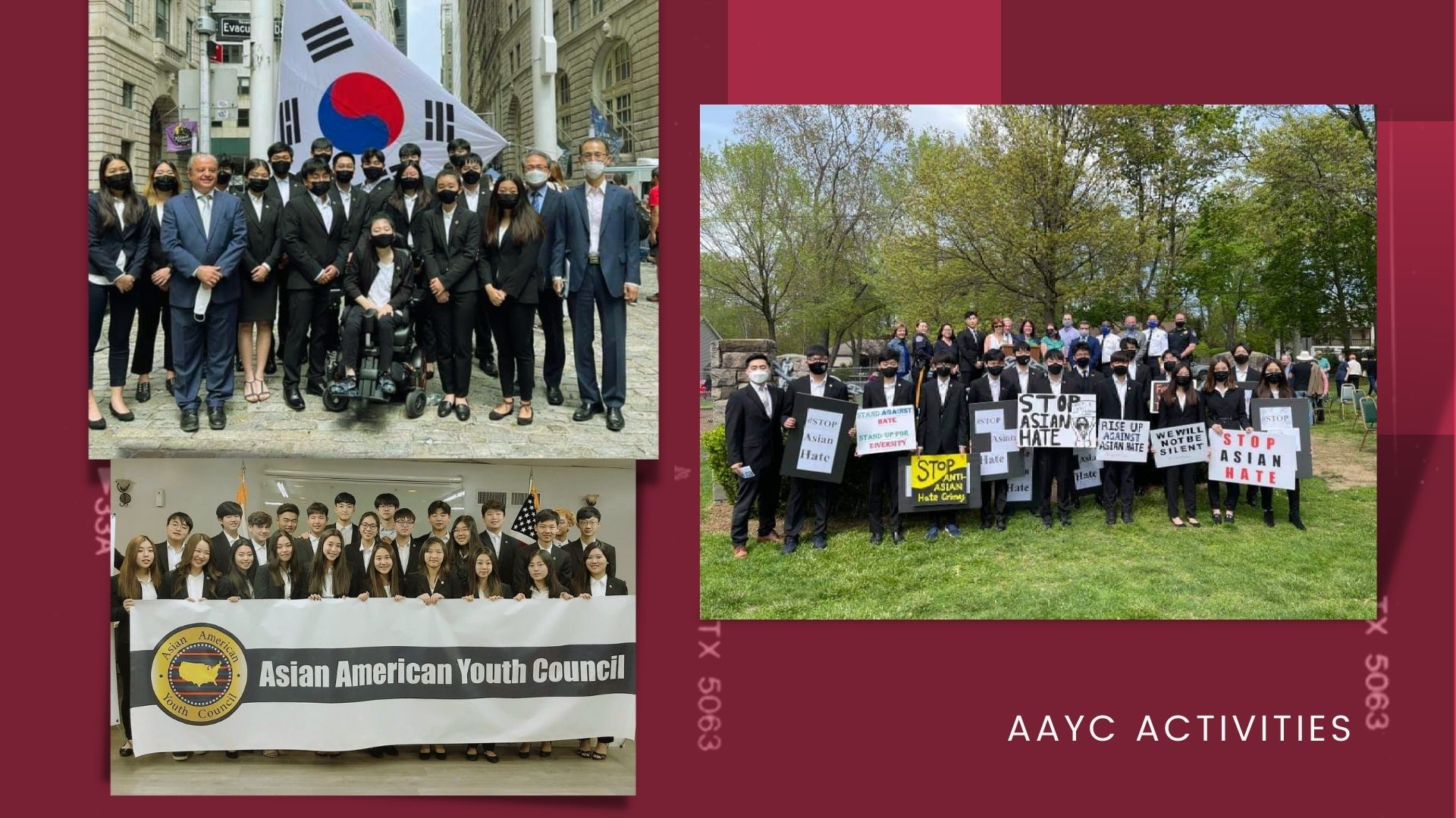 Asian American Youth Council actively participating in activities representing Korean community: flag-raising ceremony in Manhattan, Wall Street, on 76th anniversary of Korea’s Liberation and Closter protest regarding Asian Hate last May. Credits AAYC Facebook.
