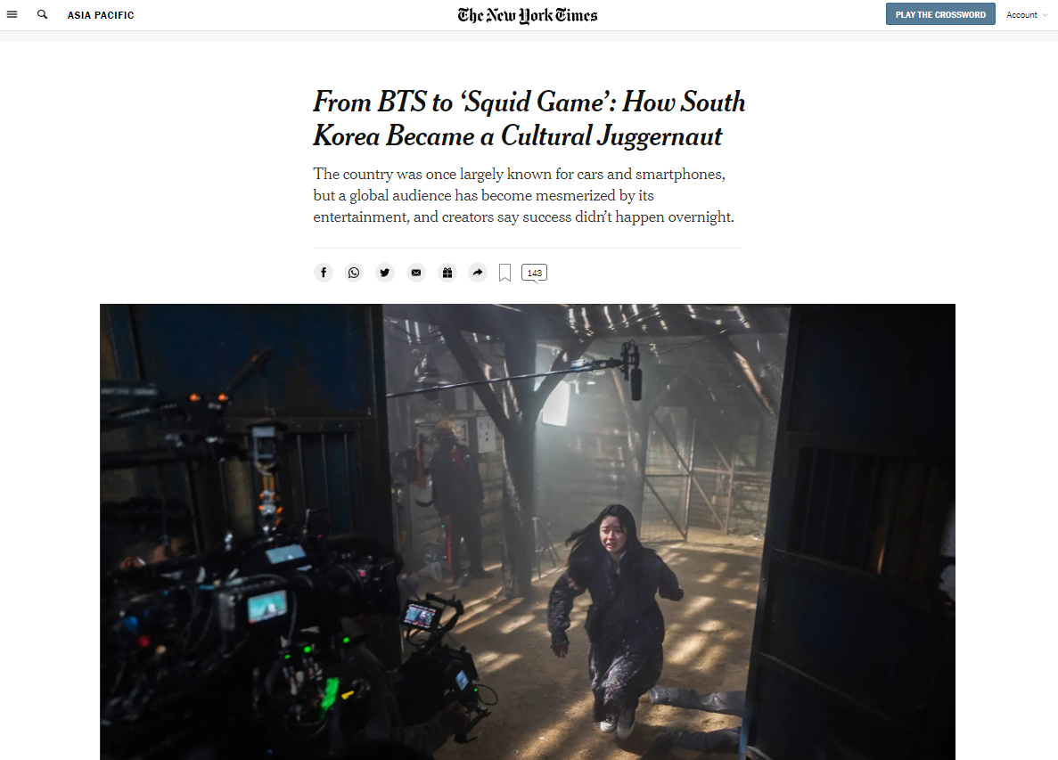 The New York Times on Nov. 3 analyzed Korean pop culture's global success in the article 