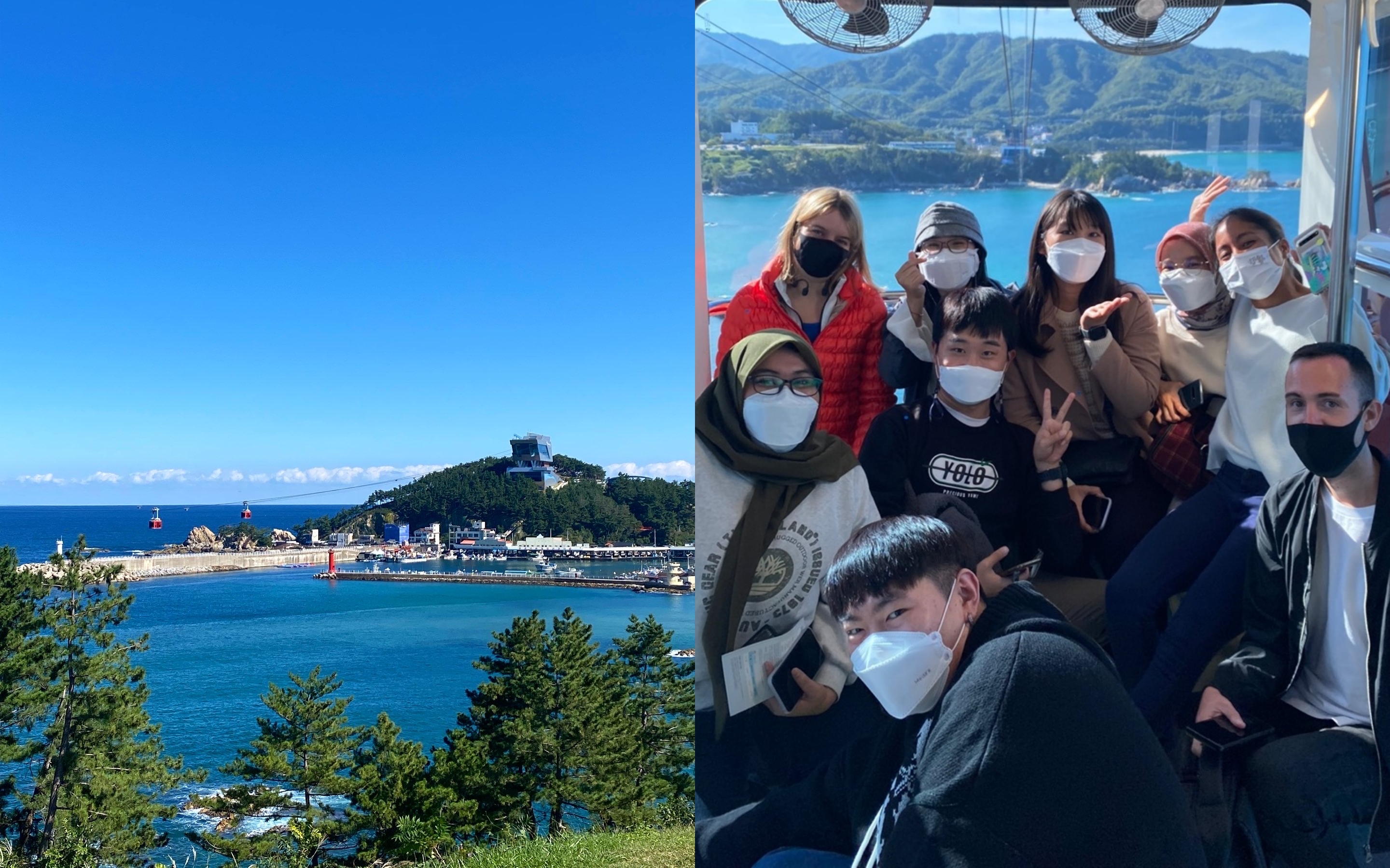 ▲ 삼척해상케이블카 역사 부근에서 바라본 장호항 풍경과 케이블카 안에서 사진촬영을 하는 코리아넷 명예기자단.