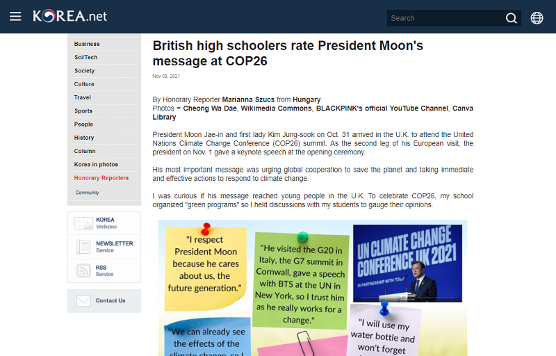 British high schoolers gave their impressions of President Moon's message at COP26 in an article by Honorary Reporter Marianna Szucs from Hungary.
