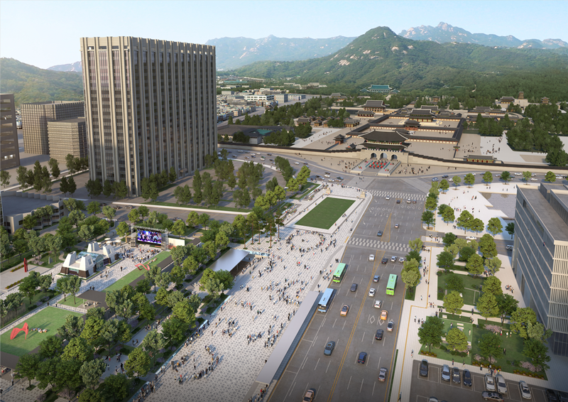 This artist's rendition offers a bird's eye view of the revamped Gwanghwamun Square in Seoul's Jongno-gu District set to open in July. (Seoul Metropolitan Government) 