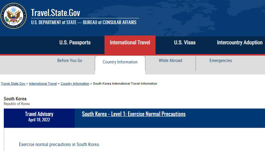 The U.S. Department of State on April 18 has slashed its travel advisory for Korea to the lowest 
