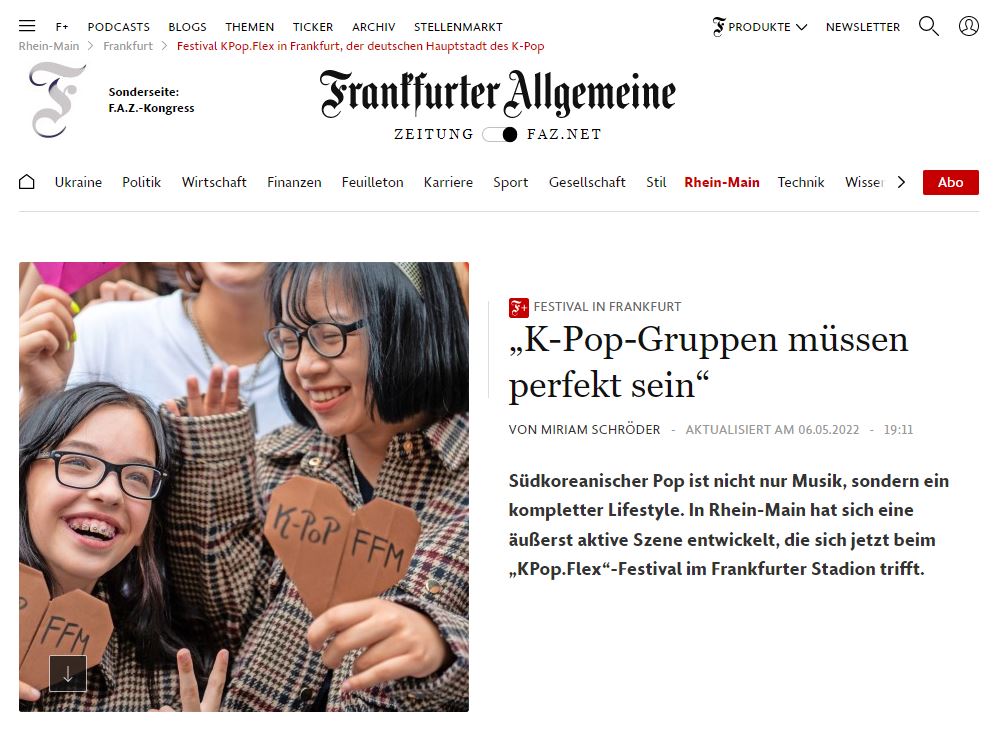 The leading German newspaper Frankfurter Allgemeine Zeitung on May 6 covered the K-pop boom in the Western European country in its article 