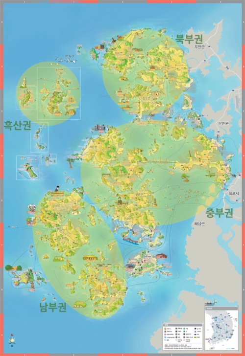 Shinan-gun County is composed largely of the Heuksang region comprising the islands of Hongdo and Heuksando in the center; northern region of Imjado, Jido and Jungdo, central region of Jaeundo and Anjwado, and southern region of Bigeumdo and Dochodo. Quite a bit of time is needed to move from one island to another, so the recommendation is to choose one region and leisurely look around there without rushing. (Sinan-gun County Office) 