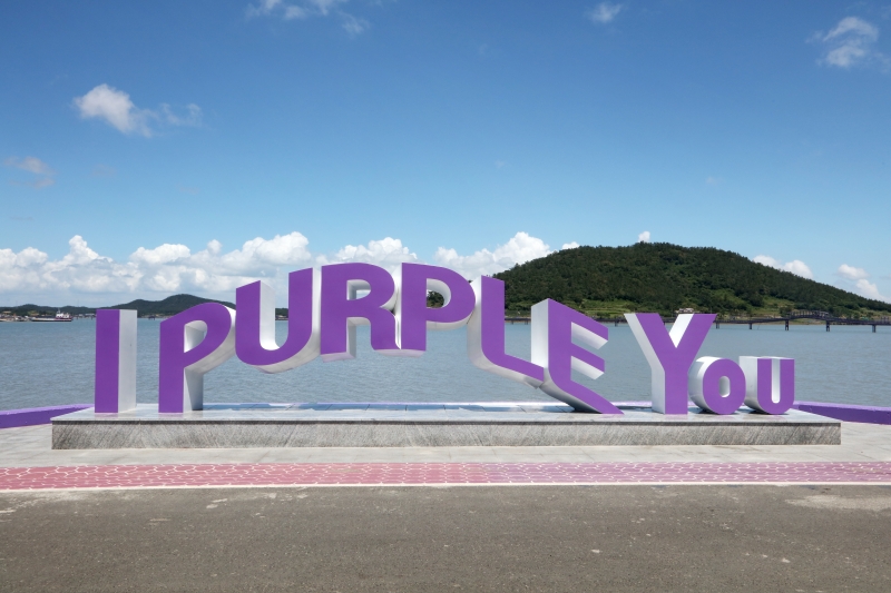 The color purple is also symbolic of Army, the massive fan community of the K-pop group BTS. The island was interspersed with the signs 