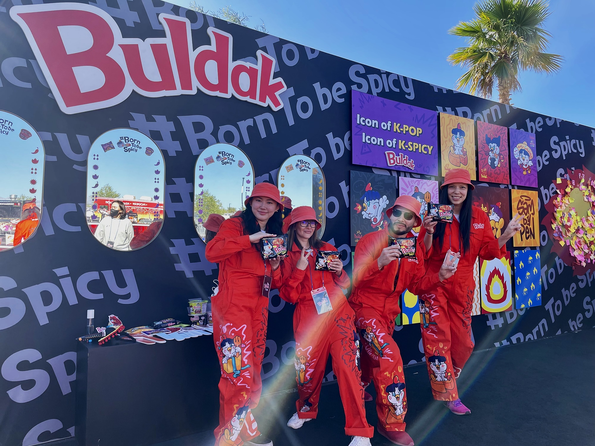Samyang Foods on Aug. 1 announced that its Buldak Ramen brand of instant noodles posted cumulative worldwide sales of four billion packages. Shown is the company's promotional booth in April this year at the Las Vegas concert venue of the K-pop group BTS. (Samyang Foods)