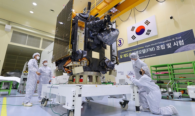 The nation's first lunar orbiter Danuri undergoes final checks at the Korea Aerospace Research Institute's Satellite Integration Test Center before its transfer to the launch pad. (Korea Aerospace Research Institute)