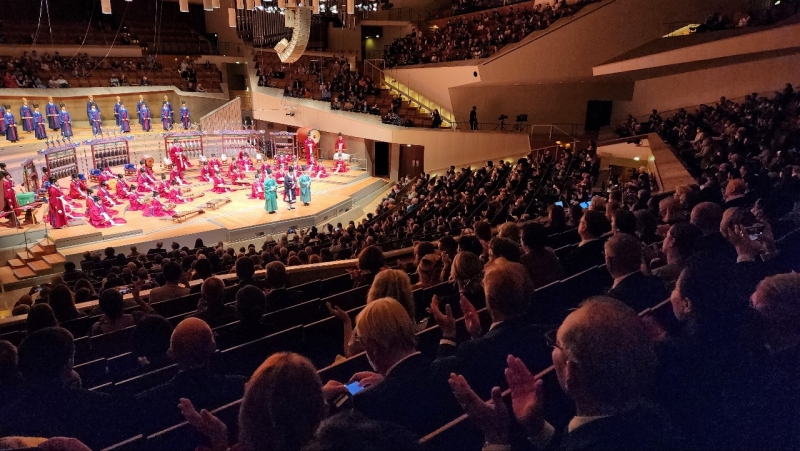 The National Gugak Center on Sept 12 presented Jongmyo Jeryeak at the Berlin Philharmonic Orchestra's Grand Hall in the German capital. Shown here is a curtain call after the performance