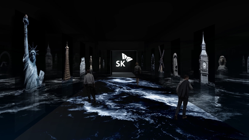 One of SK Group's two zones at CES 2023, Future Marks, depicts through cutting-edge media art the bleak future humanity could face if people fail to properly respond to the climate crisis. (SK Group)