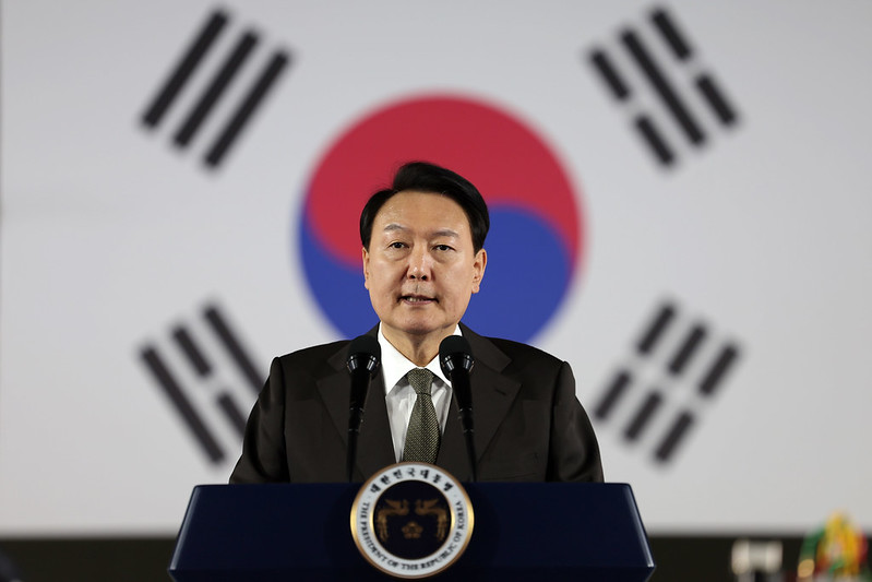 President Yoon Suk Yeol on March 11 gives a congratulatory speech at the groundbreaking ceremony of a plant exclusively for electric vehicles at Kia Autoland in Hwaseong, Gyeonggi-do Province.