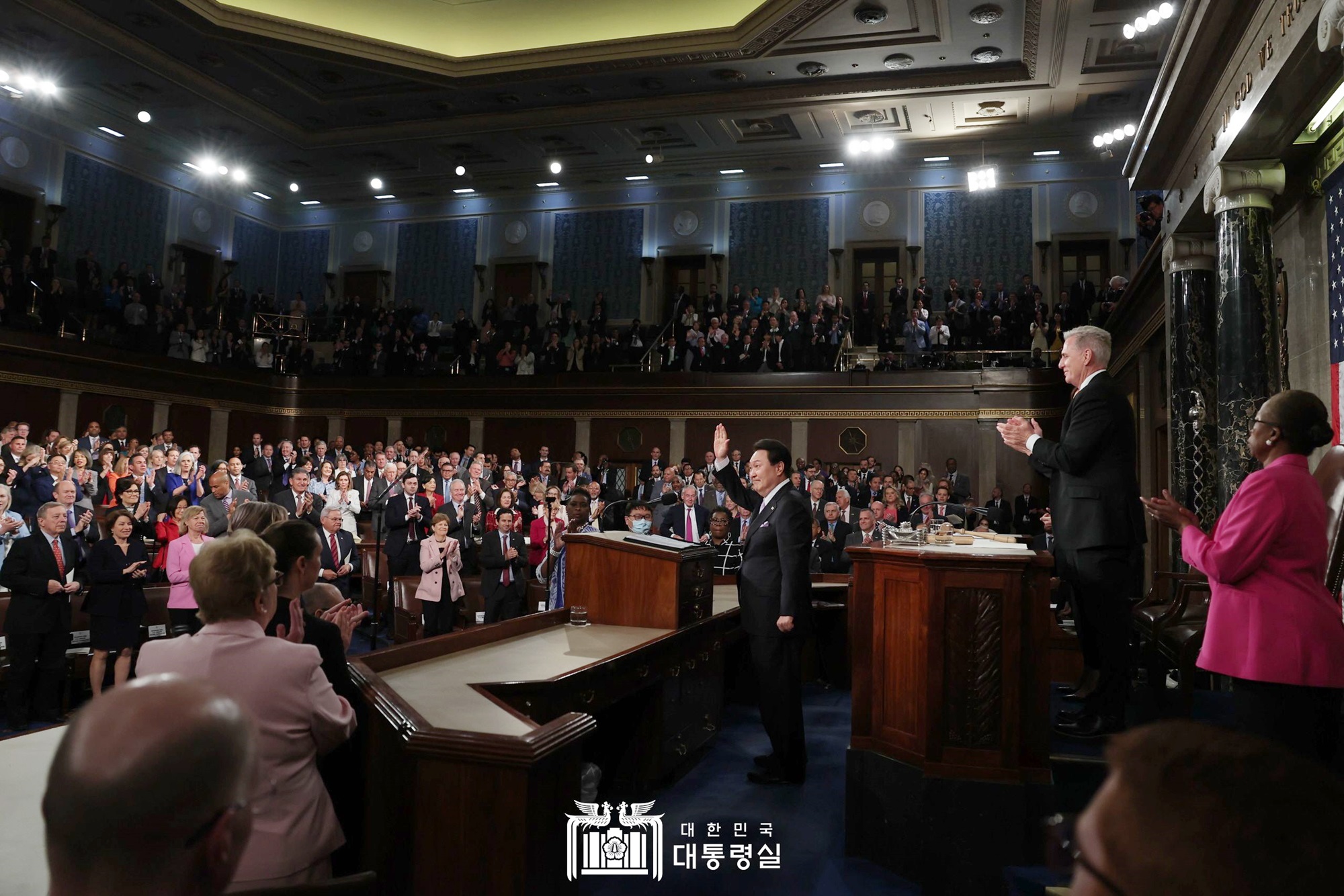 President Yoon Suk Yeol on April 27 receives a standing ovation after entering the House Floor of Congress to deliver his speech at Capitol Hill in Washington. 