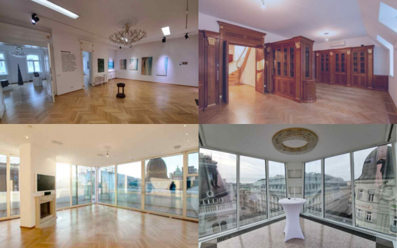 The interior of the Korean Cultural Center in Vienna, Austria, features (clockwise from top left) an exhibition hall, library, glass pavilion and daecheongmaru (wooden floor hall).