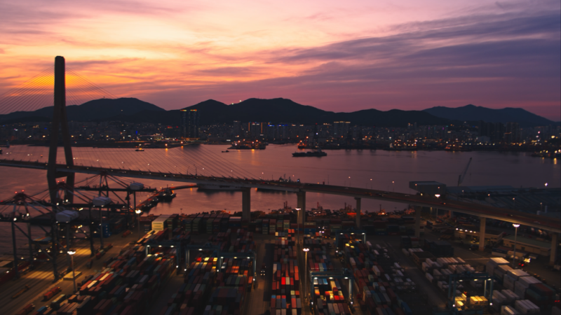 This shot of the sunset at the Port of Busan is part of the exhibition 