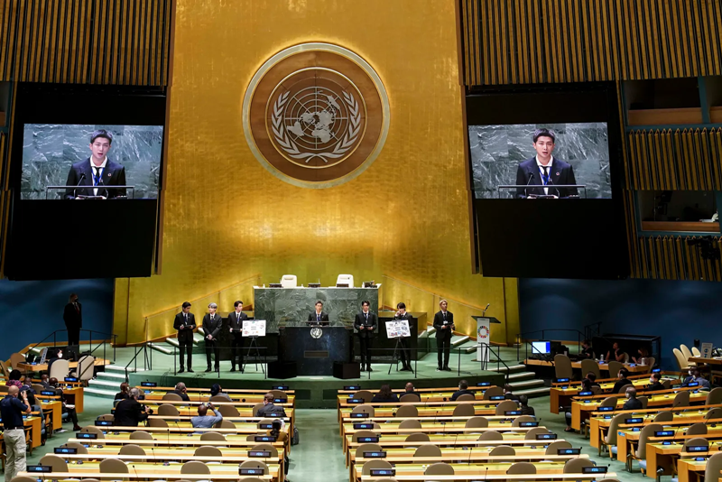 RM, the leader of K-pop sensation BTS, on Sept. 20, 2021, speaks at the event SDG (Sustainable Development Goal) Moment as part of the opening session of the 76th United Nations General Assembly in New York. (Big Hit Music) 