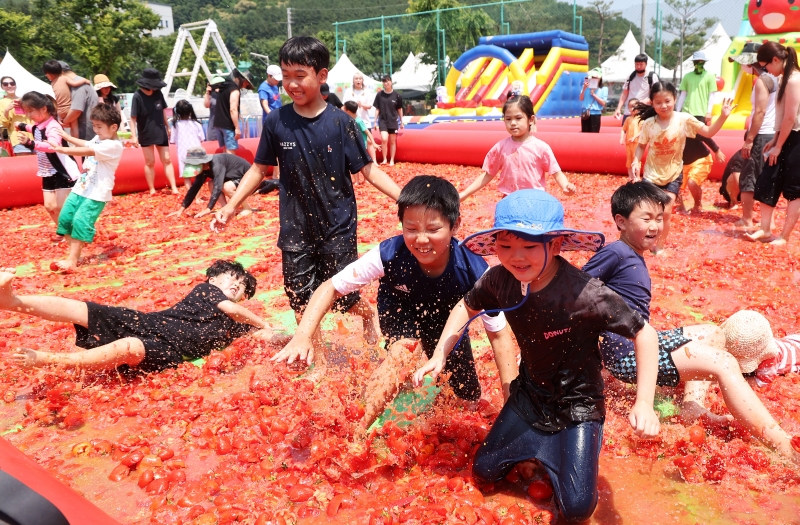 Children on June 16 slide into a pool full of tomatoes at the 21st Toechon Tomato Festival held at the public stadium in Toechon-myeon Township of Gwangju, Gyeonggi-do Province.