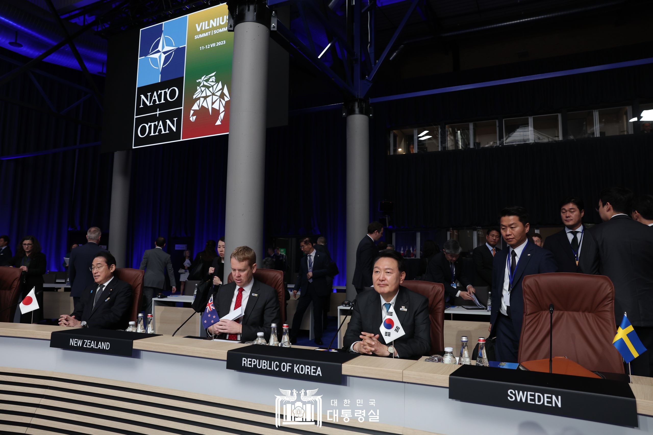 President Yoon Suk Yeol (first from right in sitting row) on July 12 attends the NATO summit in the Lithuanian capital of Vilnius. (Office of the President) 