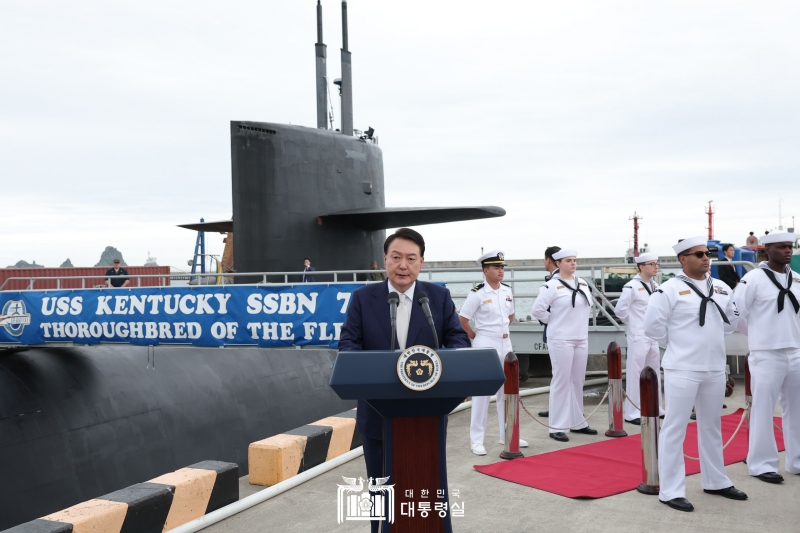President Yoon Suk Yeol on the afternoon of July 19 speaks prior to his tour of the USS Kentucky, a nuclear-armed ballistic missile submarine, at the Busan Naval Base in the southern port city.