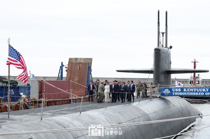 President Yoon and first lady Kim Keon Hee on July 19 tour the USS Kentucky, an Ohio-class ballistic missile submarine, at the Busan Naval Base in the southern port city of Busan.