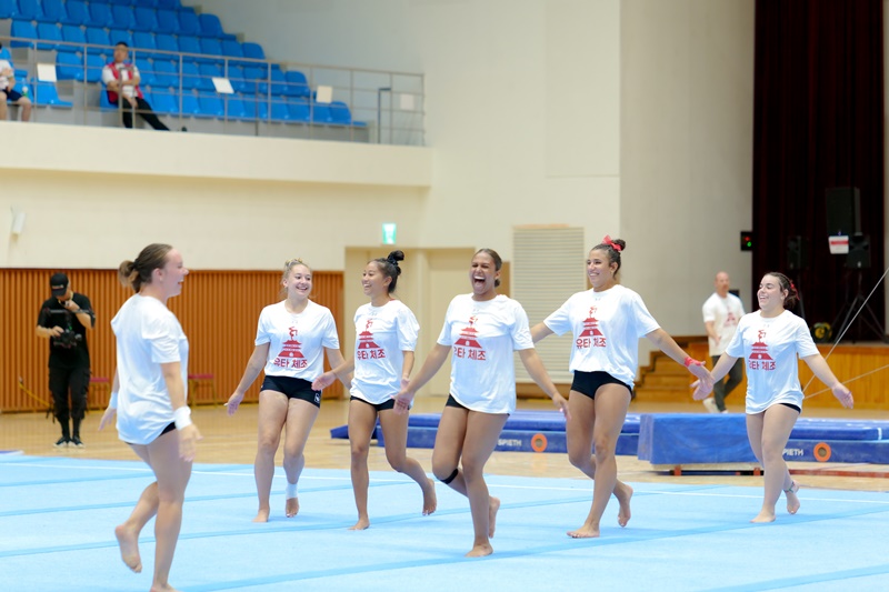 The U.S. women's gymnastics team Red Rocks practice on July 1 before its showcase at the IGC's gymnasium in the Songdo International Business District of Incheon.