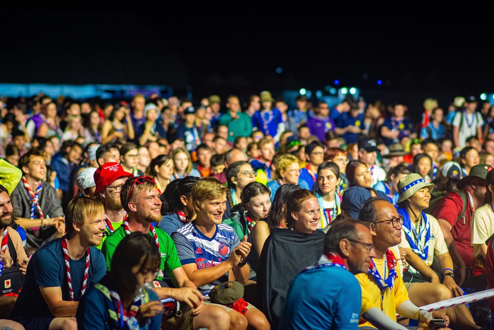 'Participants in the 25th World Scout Jamboree in Buan-gun County, Jeollanam-do Province, on Aug. 1 gather for the event's opening ceremony. (Organizing Committee of 25th World Scout Jamboree)
