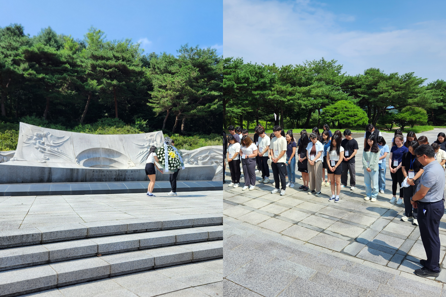 Participants in a history tour for descendants of Korean independence activists on Aug. 12 lay white chrysanthemums and pay tribute at the 105 People's Stairs (unofficial translation) at the Independence Hall of Korea in Cheonan, Chungcheongnam-do Province. 
