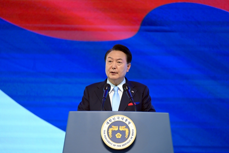 President Yoon Suk Yeol on Aug. 15 delivers a congratulatory speech at a ceremony for the 78th Liberation Day at Welch-Ryang Auditorium of Ewha Womans University in Seoul's Seodaemun-gu District. (Office of the President)
