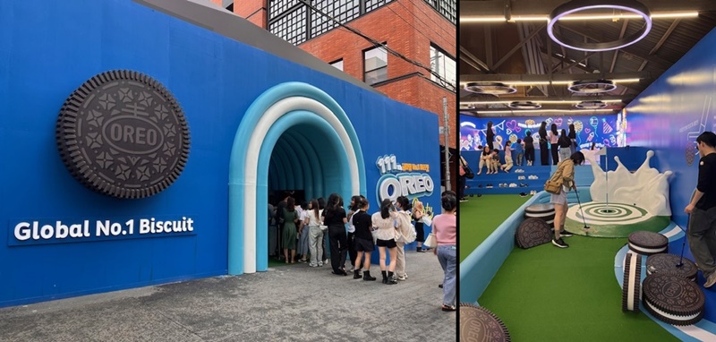 The exterior (left) of Oreo's pop-up store commemorating the company's 111th anniversary has a long line in Seongsu-dong of Seoul's Seongdong-gu District. On the right is the store's game zone. 