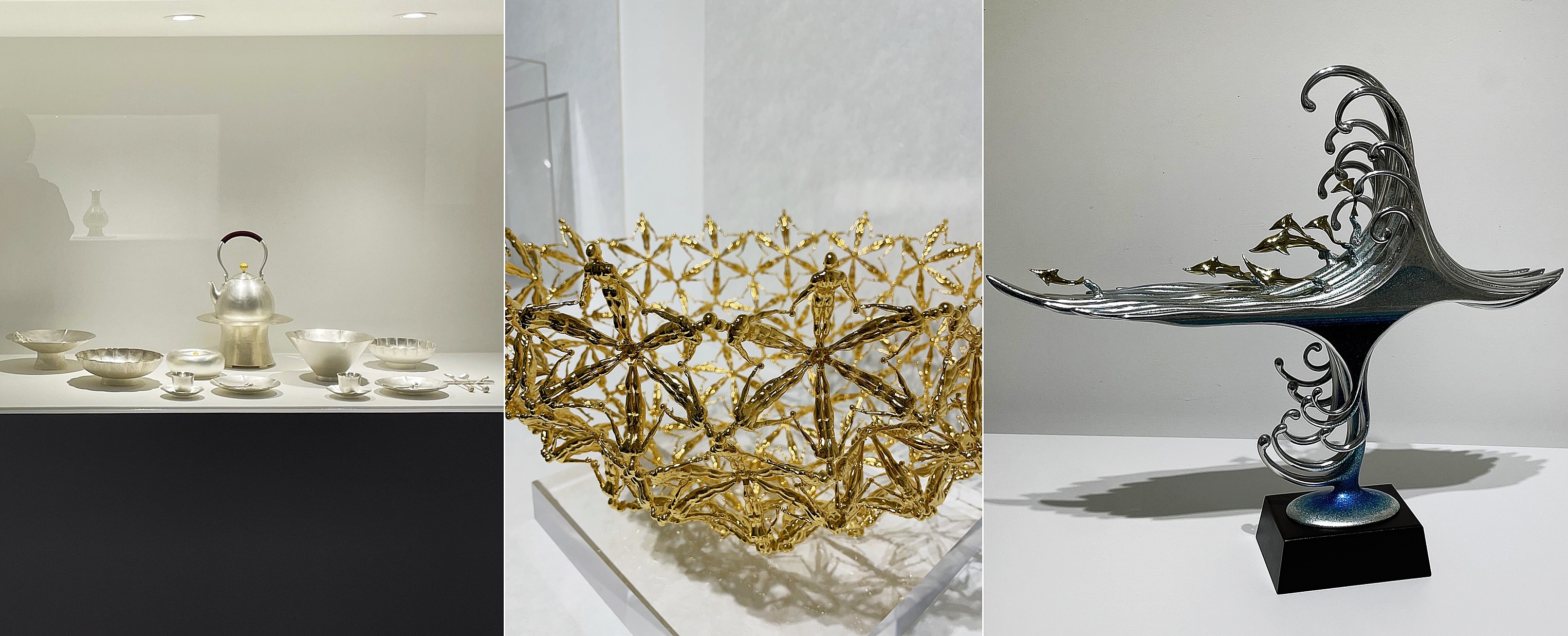From left are metal crafts by Kim Young-ock (Korea), Wang Xiaoxin (China) and Ryohei Miyata (Japan). (Xu Aiying)