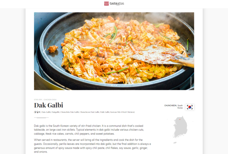Dakgalbi (spicy stir-fried barbecue chicken) took the second spot on the list of the world's top 50 stir-fried dishes by TasteAtlas, a global gourmet travel website. (Screen capture from TasteAtlas' official website) 