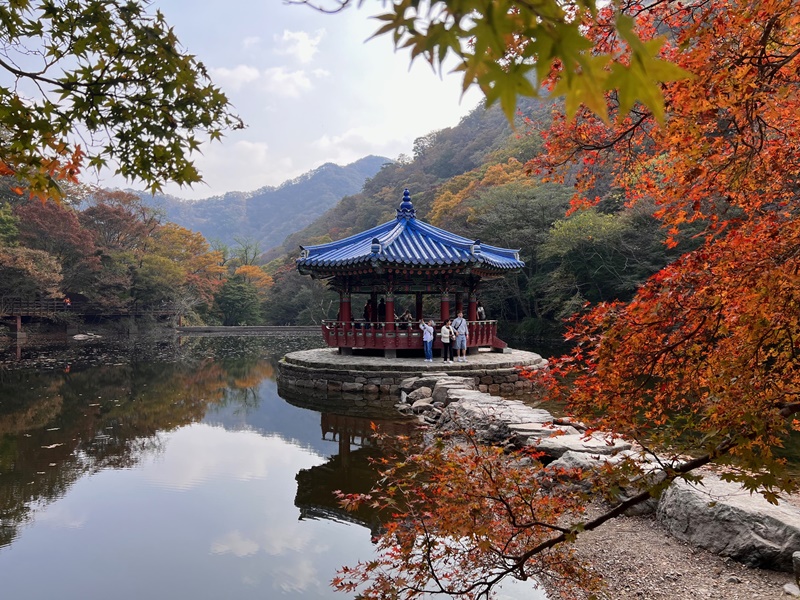 Uhwajeong Pavilion, not far from the information center of Naejangsan Mountain, is a prime spot to snap photos of the park's beautiful fall leaves. 