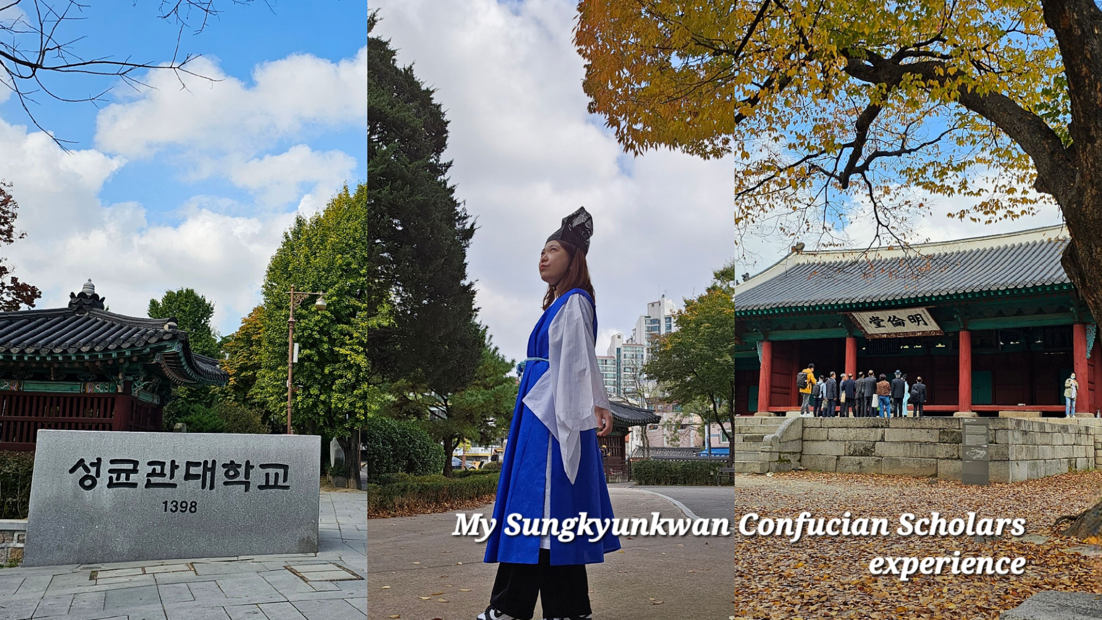 Shown on the left is the main gate of Sungkyunkwan University in Seoul, the writer wearing yusaengbok (scholar costume) is in the center and the lecture hall Myeongryundang is on the right. 