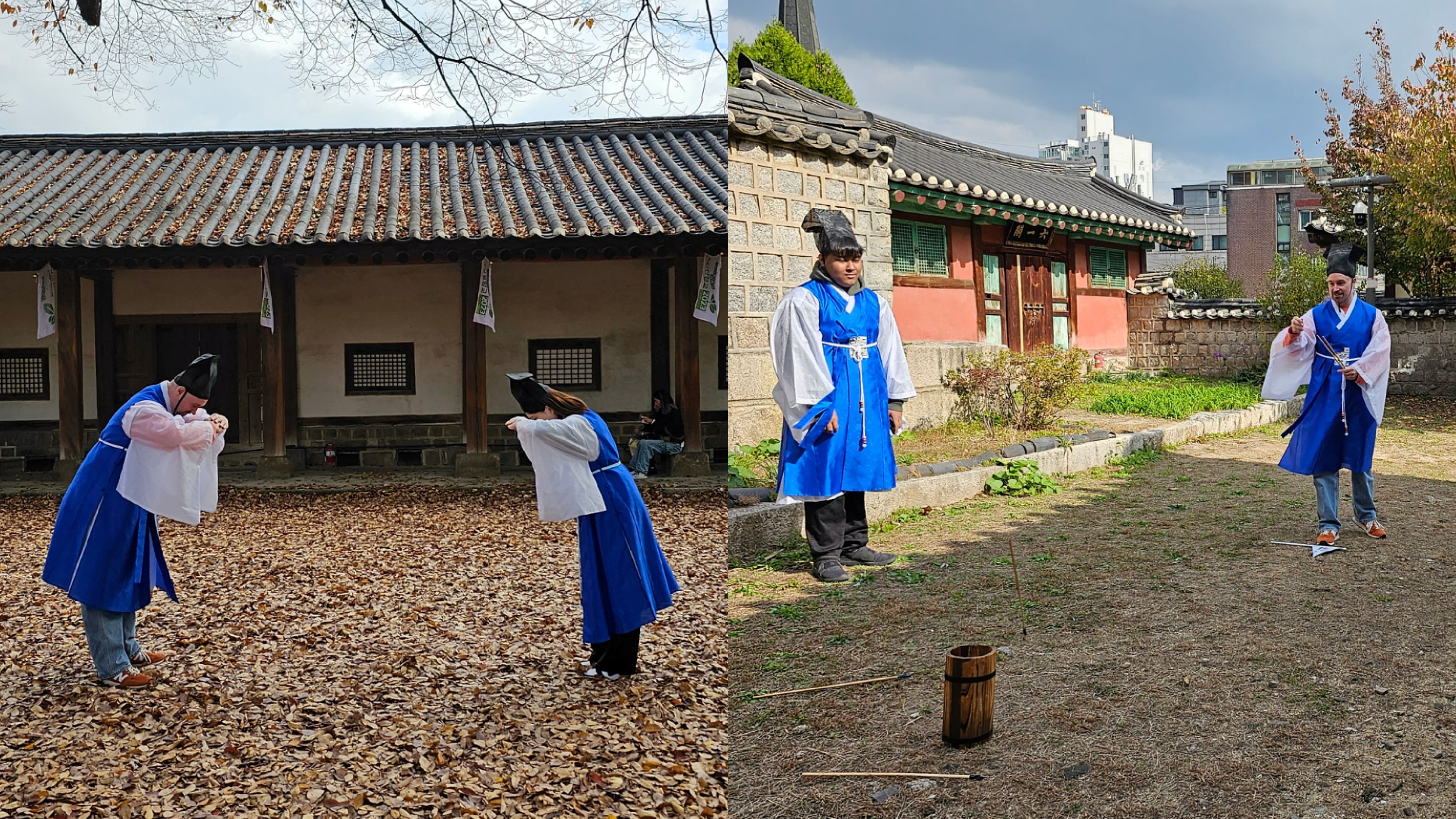 On the left are two participants practicing a Confucian scholar's greeting and on the right shows two more playing tuho (pitch-pot) during the tour.