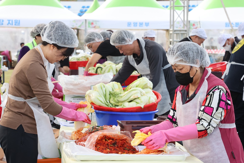 Participants in this year's Goesan Kimjang Festival on Nov. 3 spread seasoning on cabbage in Goesan-gun County, Chungcheongbuk-do Province.