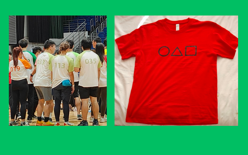 Each participant (left) wears a T-shirt with a unique number and team color. The red T-shirt (right) for volunteers had symbols appearing on the guards in the K-drama 