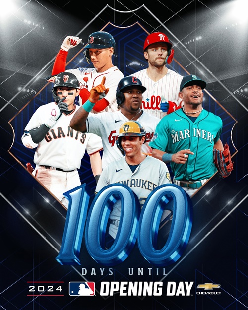 Major League Baseball of the U.S. on Dec. 20 unveiled a promotional poster to mark the 100th day before the start of the 2024 season featuring six players, including the newest member of the San Francisco Giants, outfielder Lee Jung-hoo. (MLB's official Facebook account) 
