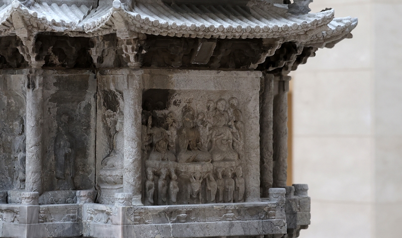 The Ten-story Stone Pagoda from Gyeongcheonsa Temple Site was built in 1348, the fourth year of Goryeo Dynasty King Chungmok's reign, at the temple on the edge of Busosan Mountain in Gwangdeok-myeon Township of Gaepung-gun County, Gyeonggi-do Province. The third floor shows an image of Buddha giving a dharma talk. 