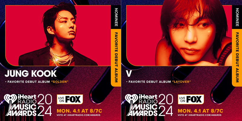 iHeartRadio of the U.S. on Jan. 18 announced the nominees for this year's iHeartRadio Music Awards, with the names of K-pop idols appearing in several categories. BTS members V and Jungkook both received nominations for Favorite Debut Album for their debut works 