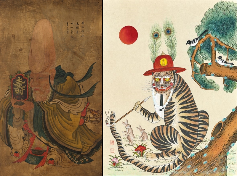 Sunoindo (left), a traditional painting personifying the star in the South Pole as an immortal, is the nation's oldest type of sehwa, or a painting used to wish for good luck and ward off misfortune. The Cultural Heritage Administration every year distributes sehwa during the Seollal (Lunar New Year) holiday at Gyeongbokgung Palace in Seoul. Last year's sewha (right) showed a tiger wearing a palace guard hat. (National Museum of Korea and Korea Cultural Heritage Foundation) 