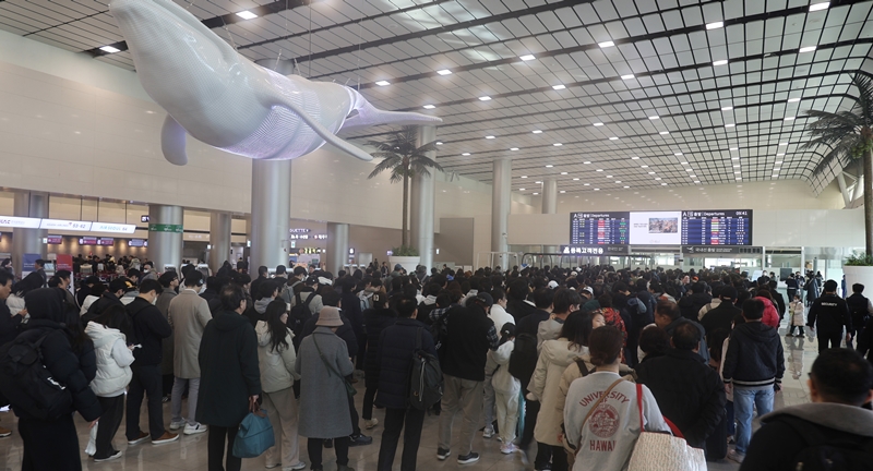 The passenger terminal at Jeju International Airport on the morning of Feb. 12, the last day of the Seollal (Lunar New Year) holiday period, bustles with homeward-bound passengers and departing tourists.