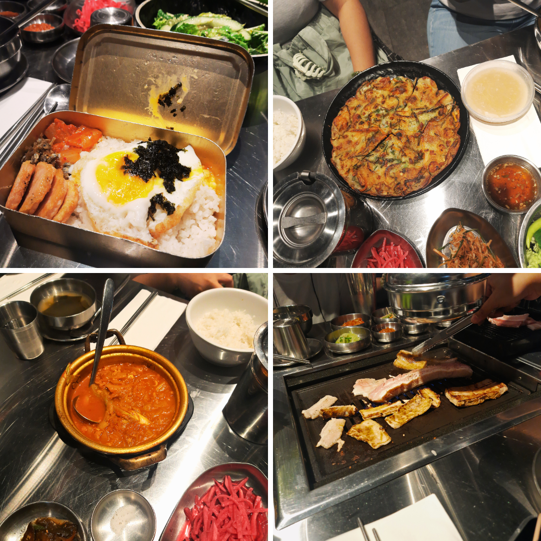 The Korean foods my friends and I ate at a Korean restaurant in Makati, Metro Manila, were a dosirak (lunchbox), haemul pajeon (seafood pancake), kimchi jjigae (stew) and samgyeopsal (grilled pork belly).