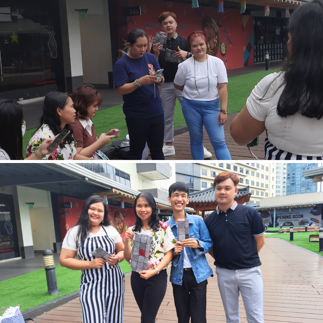 Participants (top) before the quiz check their smartphones to prepare while the top three winners (bottom) and the game master (bottom right) pose with their prizes. 