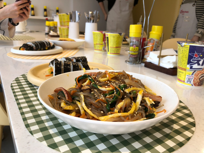 Two of my favorite Korean dishes, japchae and gimbap, are done and ready to eat.
