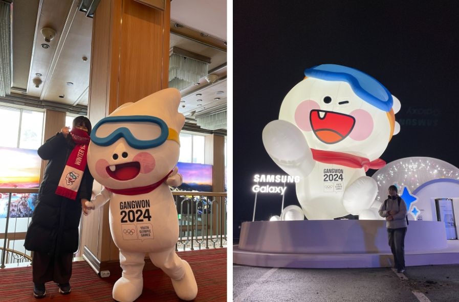 Designer Park Su-yeon poses with her creation Moongcho, the official mascot of Gangwon 2024.